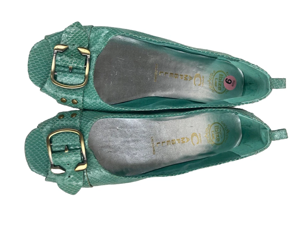 Jeffrey Campbell Expose Ex Ballet Plano con Hebilla Dorada Cuero Animal Talla 9M Verde Foto 3 de 4