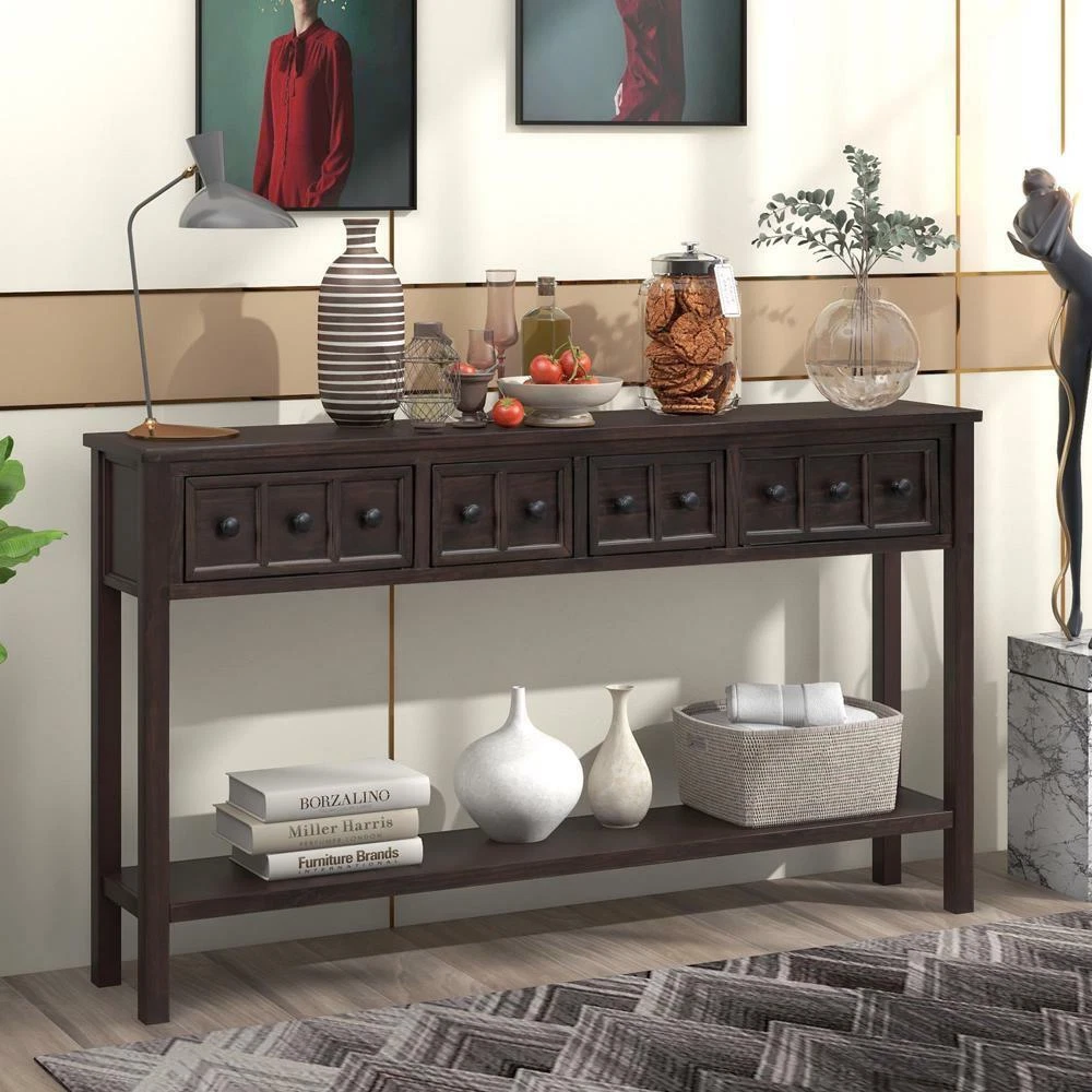 Console Table with 2 Different Size Drawer and Bottom Shelf for