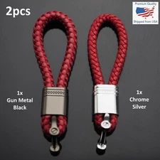 2pcs Wine Red - Woven Leather Loop Buckle Men Women's Car Key Ring D Fob Holder