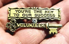 Vintage You're the Key to Our Success Volunteer Metal Jewel encrusted pinback