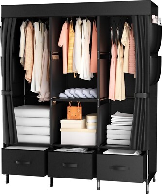 Schrank Kleiderschrank Stoff Stange Aufbewahrungskiste Stoffschrank Schwarz B227