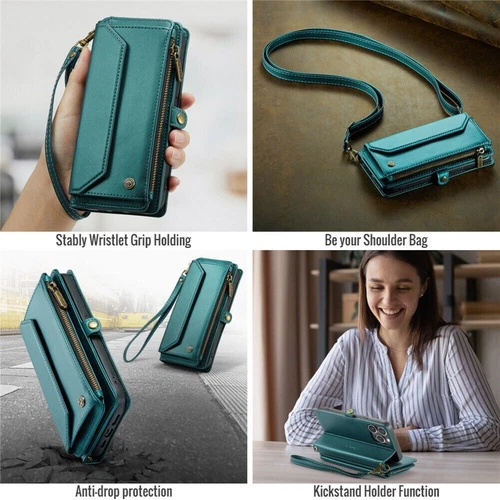 For iPhone 16 15 14 13 12 Pro Max Plus Case Wallet Leather ZIP Bag Strap Cover - Picture 80 of 84