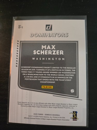 2020 Panini Donruss Dominators Silver /349 Max Scherzer Washington Nationals - Picture 2 of 3