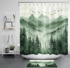 Mountain Nature Landscape Green Forest Shower Curtain Set for Bathroom Decor