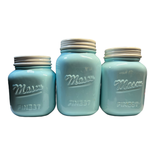 Sparrow Decor Mason Jar Ceramic Kitchen Canister Set Of 3 Light Blue Turquoise