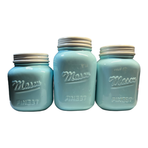 Sparrow Decor Mason Jar Ceramic Kitchen Canister Set Of 3 Light Blue Turquoise - Picture 1 of 7