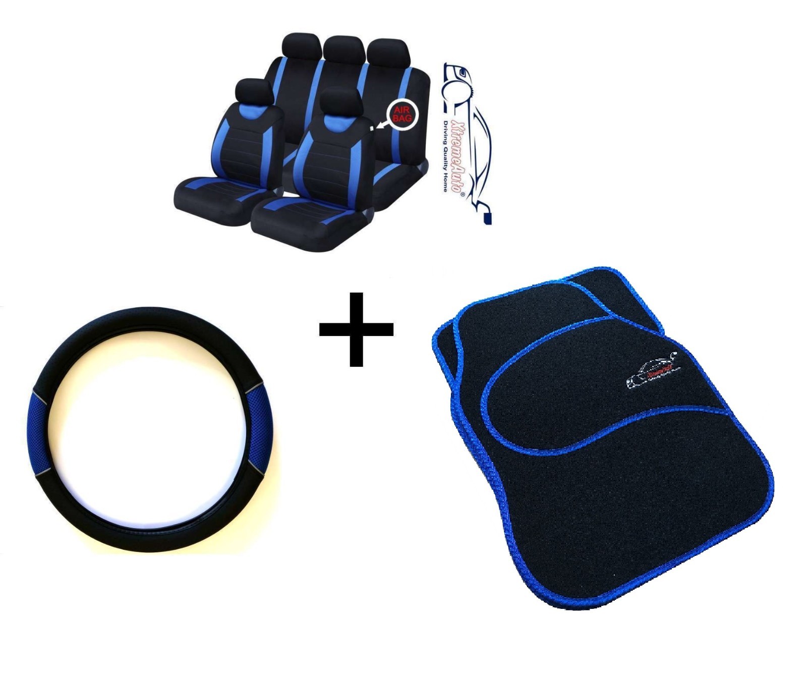 CARNABY BLUE CAR SPORT SEAT COVERS + MATCHING CARPET MATS & STEERING WHEEL COVER
