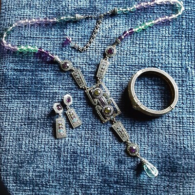 STUNNING ART DECO STATEMENT HEIDI DAUS MULTI-COLORED CRYSTAL  3-PIECE SET