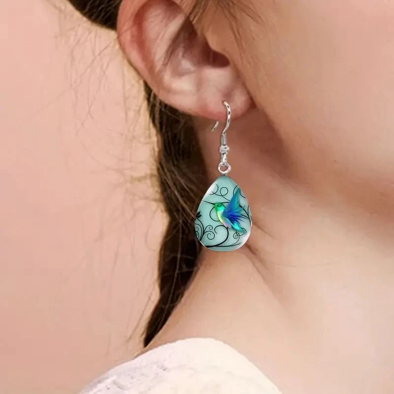 Fashion Women Hummingbird Pattern Water Drop Glass Gemstone Dangle Earrings New - Image 2 of 3