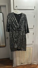 Lane Bryant Silver Sequin Stretchy Faux Wrap Cocktail Dress In Black Size 18