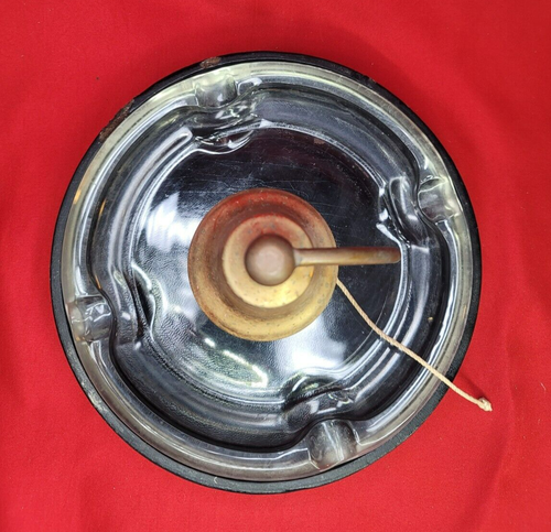 Cenicero de vidrio con campana antigua bandeja redonda con soporte negro de cuero RARO - Imagen 12 de 12