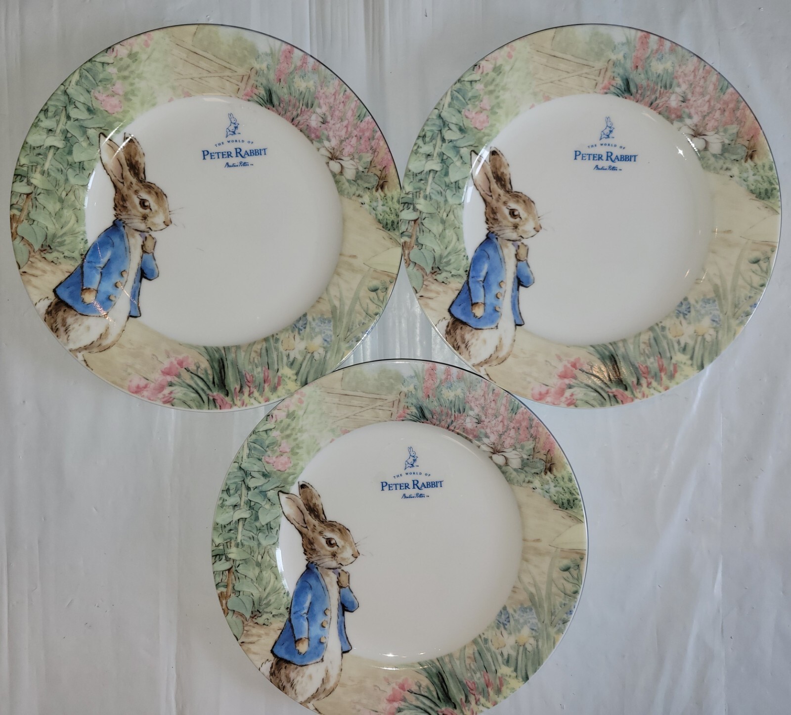 3x Zrike Brands PETER RABBIT Easter Meadow Bunny Ceramic Salad Plates - NEW 8”