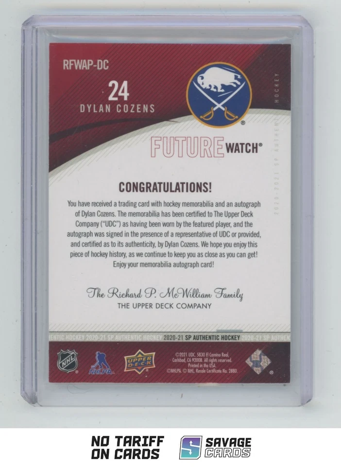 2020-21 SP Authentic Retro Future Watch Auto Patch Dylan Cozens /99 #RFWAP-DC - Image 2 of 3