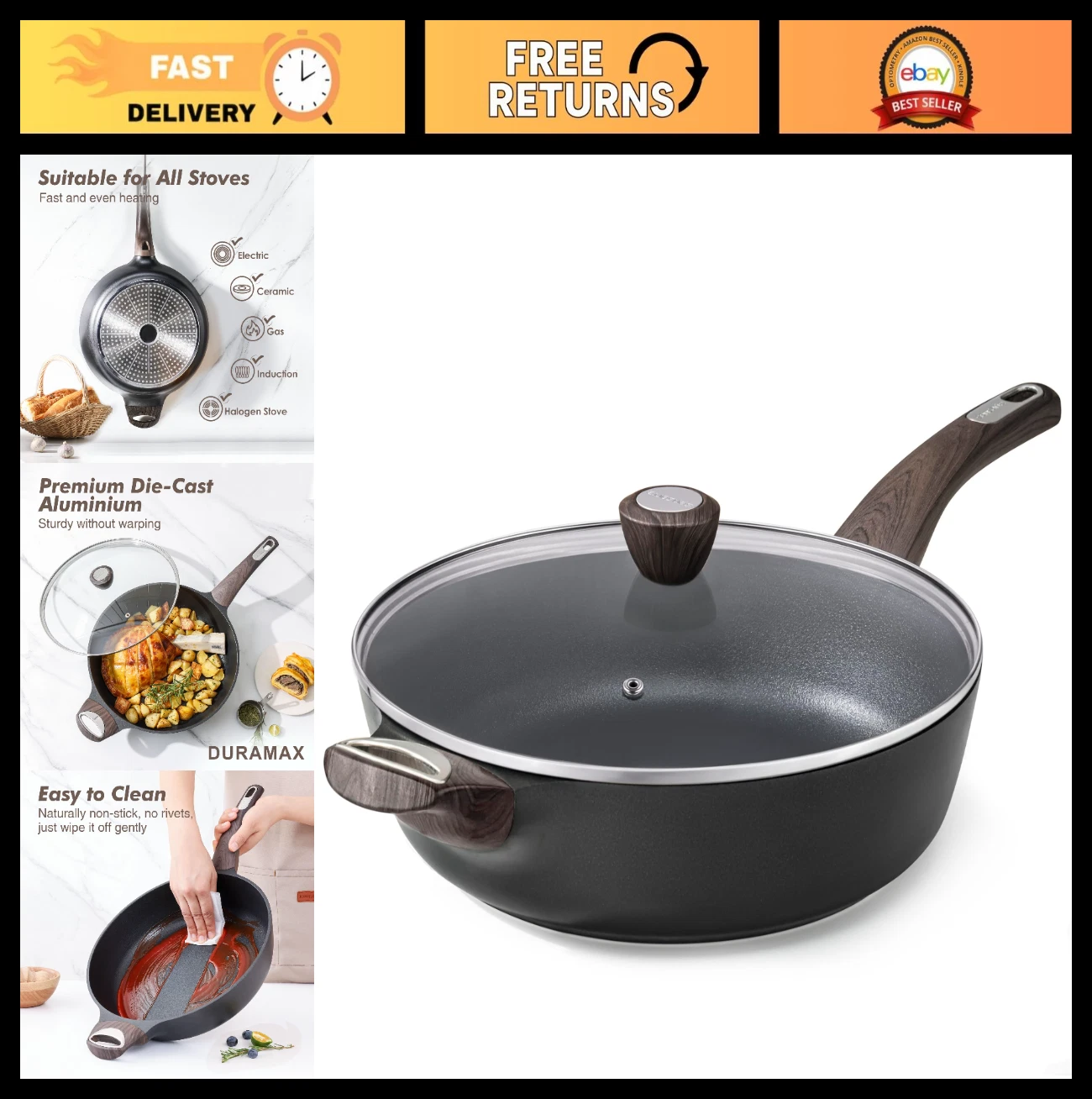 12" Nonstick Frying Pan with Lid - 5Qt Deep Skillet, Induction Safe, Healthy Coo