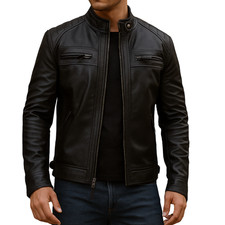 Men's Classic Genuine Leather Biker Jacket Black Motorcycle Outerwear Coat