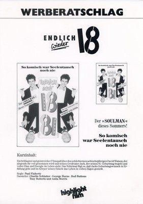 Werberatschlag ''ENDLICH WIEDER 18'' EA 1988 George Burns, Charlie Schlatter