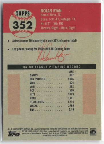 Topps 2022 cromo platino aniversario Nolan Ryan #352 Astros - Imagen 2 de 2