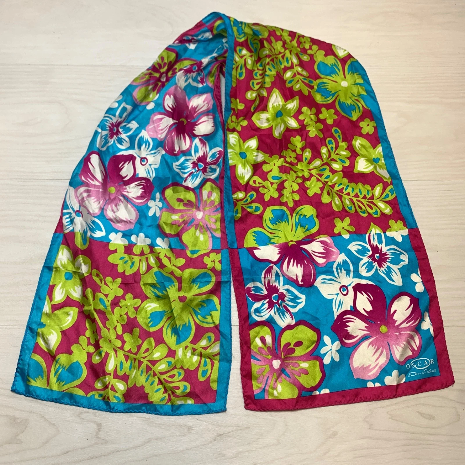 Oscar de la Renta Accessory Street 100% Silk Scarf Floral - 11" x 54" - Vintage