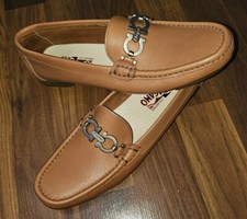 Salvatore Ferragamo Loafers Wn 7 Caramel Tan Leather Horse Bit Silver Hardware