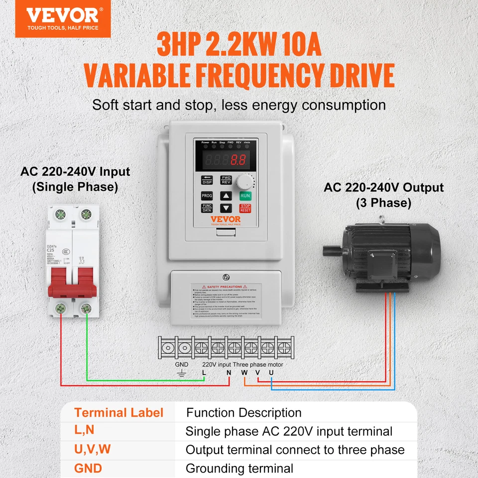 VEVOR VFD 2.2KW 10A 3HP Variable Frequency Drive for 3-Phase Motor Speed Control - image 2 of 4