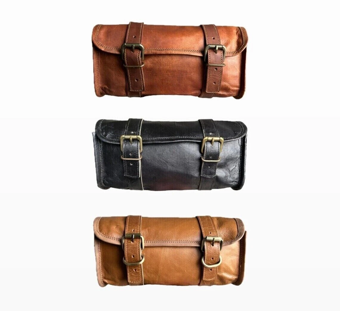 Three Motorcycle Tool Bag Handlebar Saddle Bag Sissy Bar Leather Full Storage