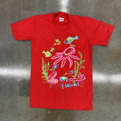 Vintage 80s Stedman Super Hi Cru Hawaii Puff Print Small T Shirt Red Usa Made 