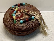 Antique 1920s Chinese Coin Beads Peking Glass Ring Small Sewing Basket