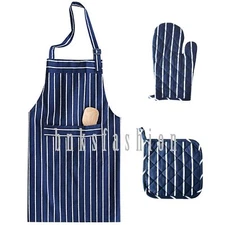 3Pcs Men Women Chef Adjustable Bib Stripe Apron with Glove Pad Kitchen Cooking
