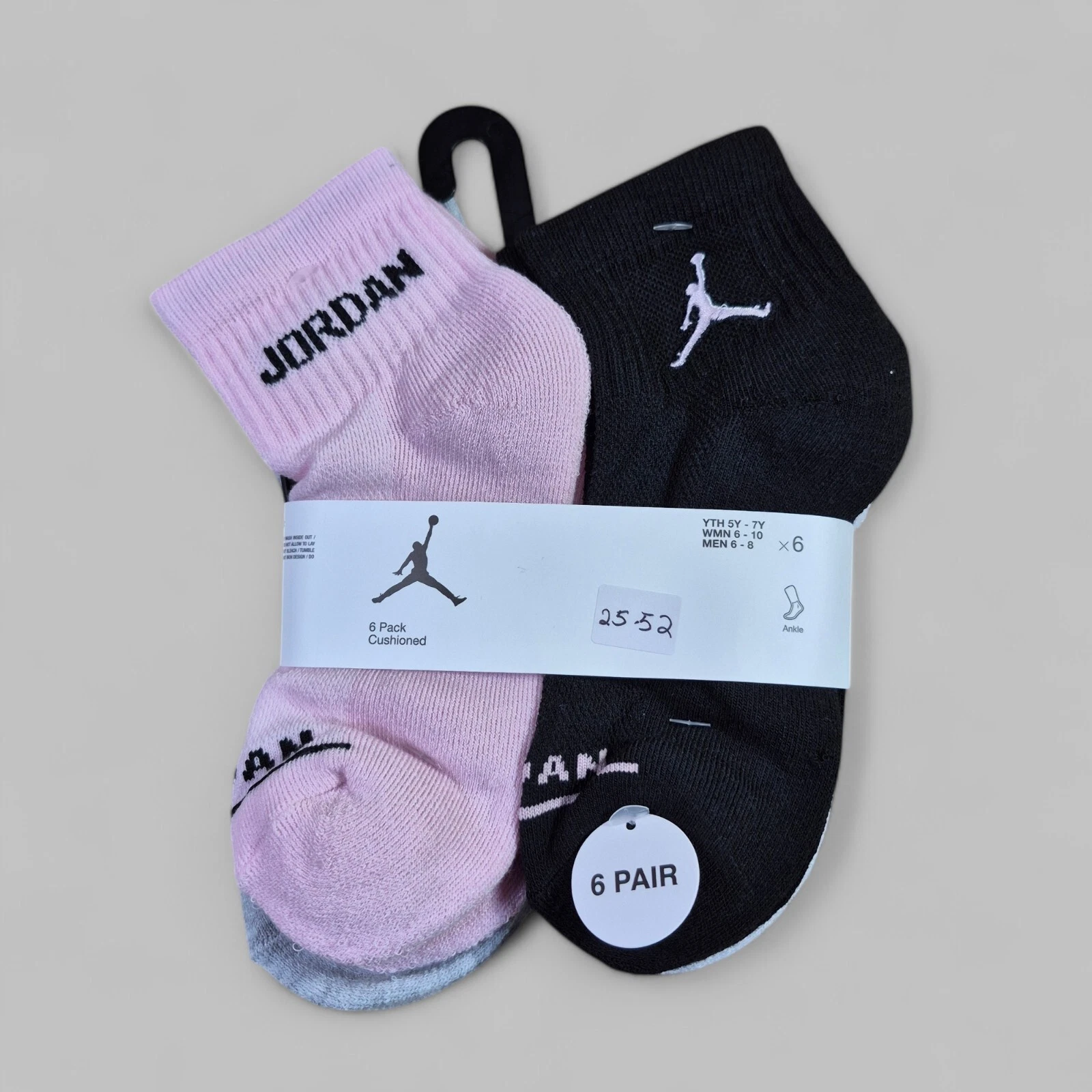 NIKE JORDAN Girls Socks Ankle Jumpman Basketball Cushioned 6 Pair Shoe 5Y-7Y
