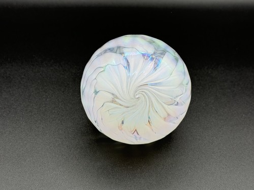 Hand Blown Studio Art Glass Ball Ornament Iridescent White Oil Spot 3.5”Diameter - Picture 5 of 7