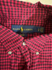 Vintage Ralph Lauren Shirt Mens L Red Gingham Black Pony Long Sleeve Button Down