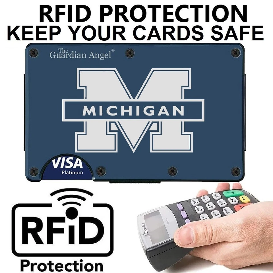 Cartera Michigan Wolverines Grabada Titanio Azul Fibra de Carbono Bloqueo RFID D7 Foto 2 de 4