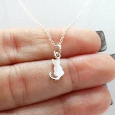 Tiny Cat Silhouette Charm Necklace - 925 Sterling Silver - Kitty Meow Pet Small