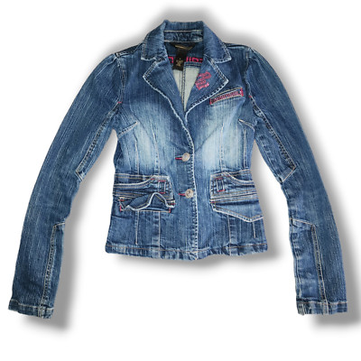 Rocawear Women's Small Blue Biker Denim Jean Jacket Long Sleeve 2 Button pockets