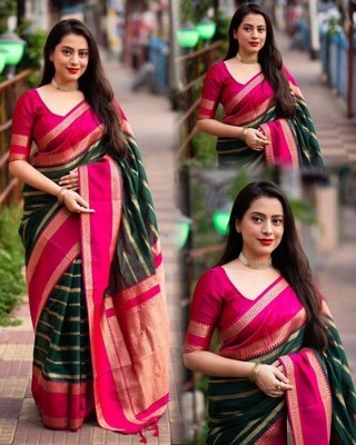 Indian Women Kanjivaram Saree, Self Design Kanjivaram Silk Blend Saree  (Green)