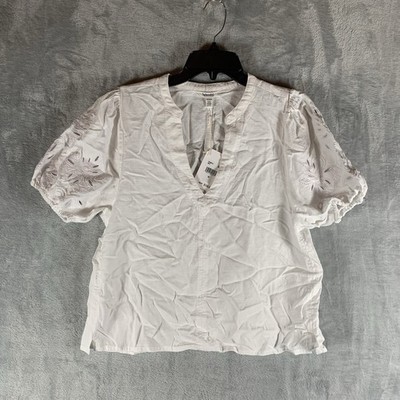 Splendid Women's Top M Linen Blend White Boho Embroidered V Neck Festival