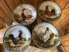 4 platos de gallo vintage de 8" borde a cuadros pollo granja con percha