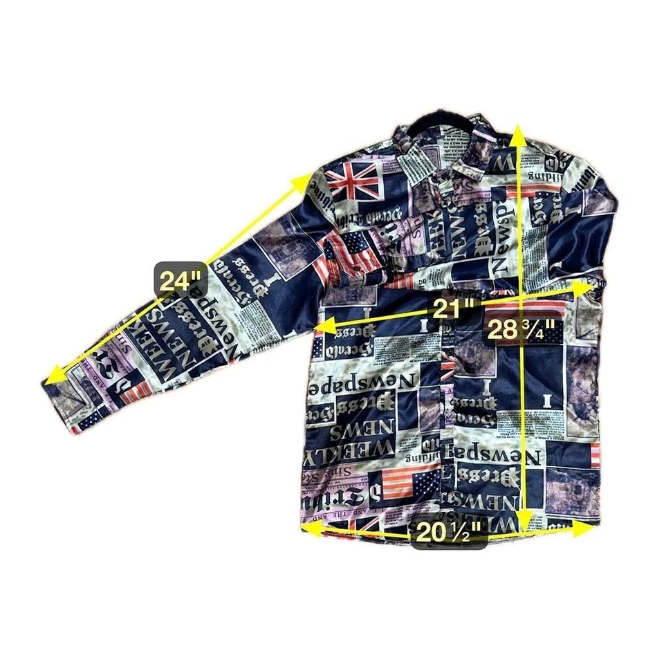 Y2K 报纸印花纽扣衬衫男式 M 码 Est 英国国旗垃圾街头服饰 — 第 2/4 张图片