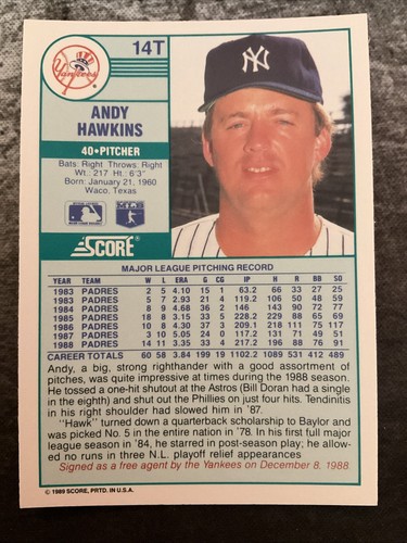 1989 Score Rookie & Traded - Andy Hawkins #14T - Picture 2 of 2