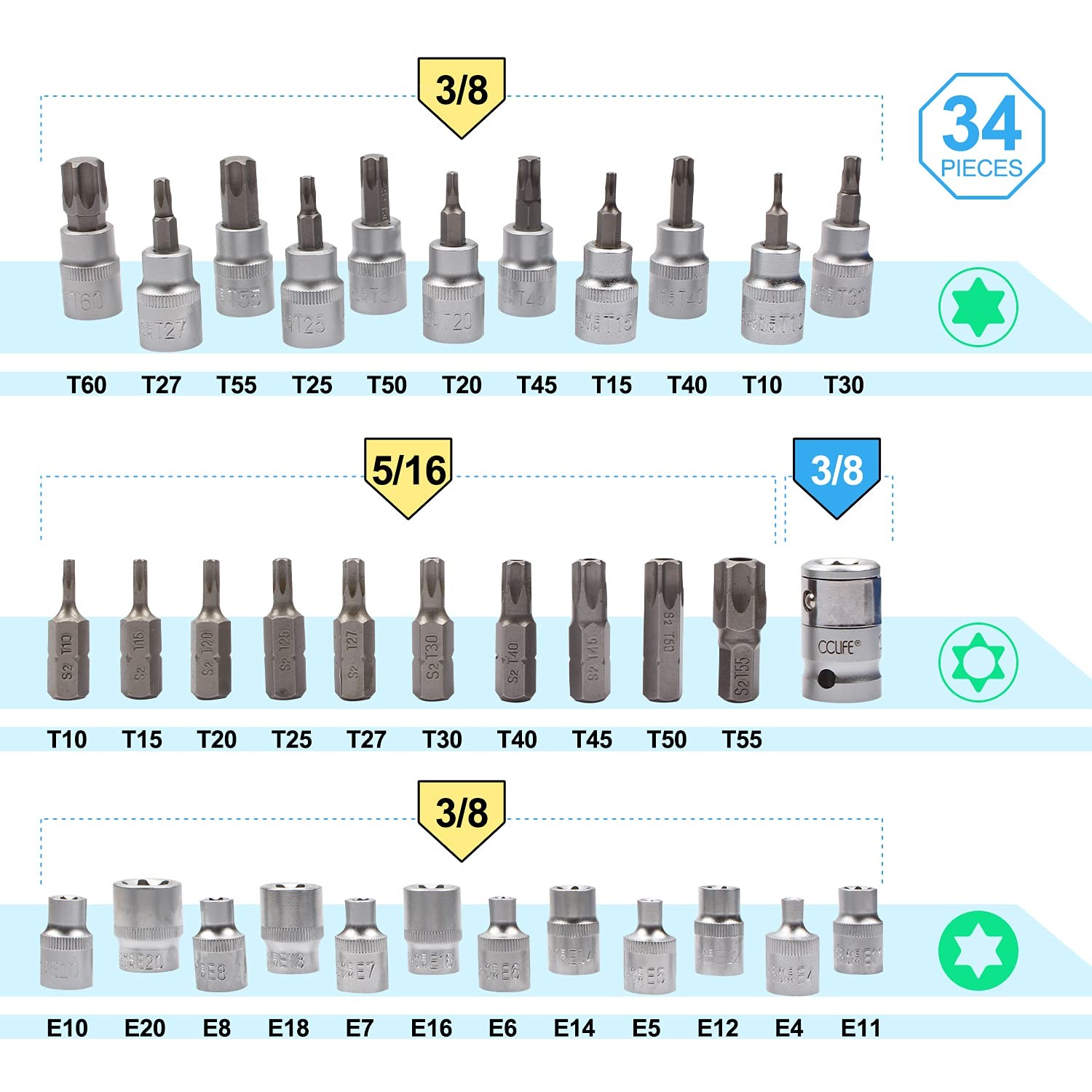 Set di 34 Chiavi a Bussola Torx E4 E20 T10 T60 Femmina e Maschio Inserti per - Miniatura 2