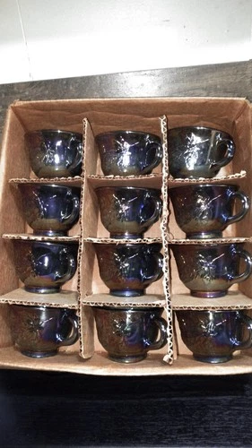 Vtg Indiana Carnival Glass Iridescent Blue Grapes Princess Punch Cups Set of 12