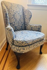Vintage Kittinger Wingback Chair Blue Damask Queen Anne Original Down Cushion