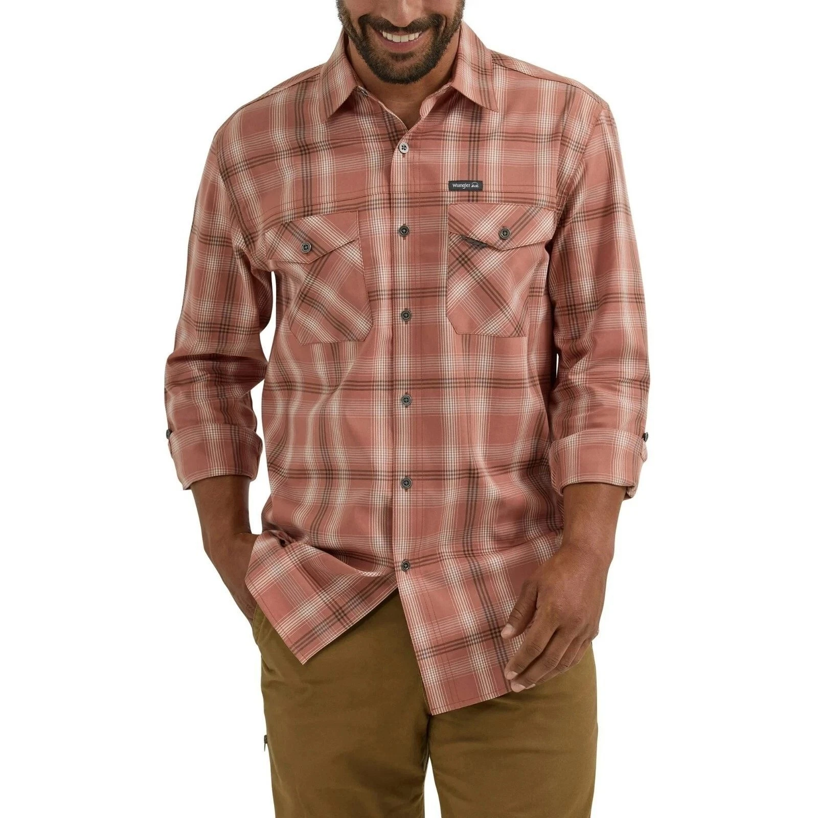 Wrangler Men's Outdoor Long Sleeve Utility Shirt UPF Protect 2XL Copper Plaid