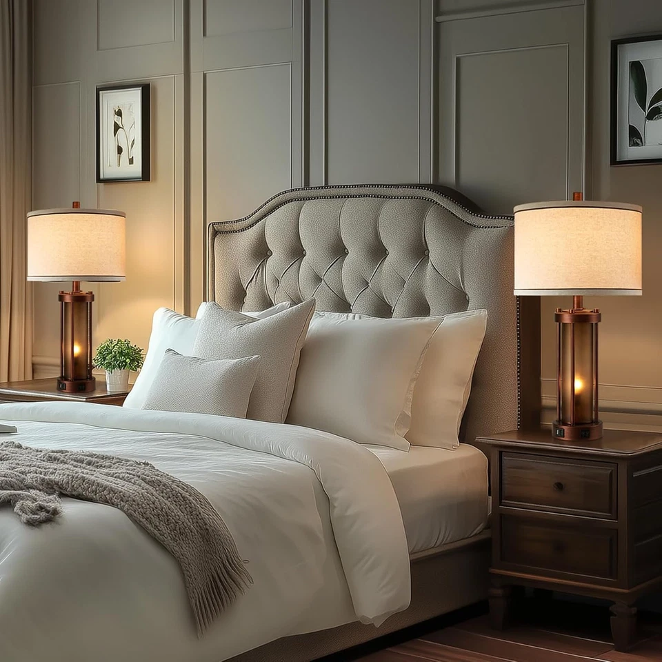 Set of 2 Farmhouse Table Lamps for Living Room, Rustic Bedside Lamps with 2 USB - Image 3 of 4