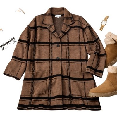 Z Supply Heavyweight Plaid Sweater Jacket Brown Black Cozy Button Front M in EUC