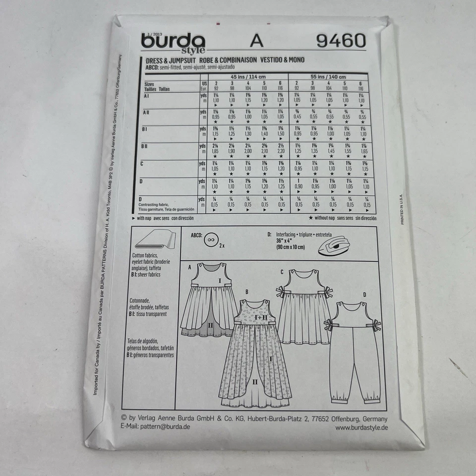 BURDA KIDS 9460 GIRLS DRESS & JUMPSUIT Sewing Pattern Ages 2 - 6  Skill: EASY - Image 4 of 4
