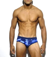 UXH 'Camo Print' Men's Bikini Swim Brief w/ Pack-Up Pad US L 32-34 BLUE **NIB**