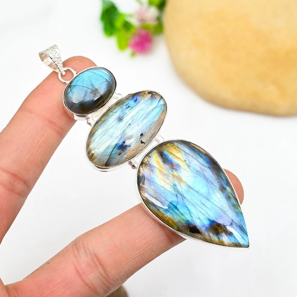 Natural Labradorite Gemstone Pendant 925 Sterling Silver Handmade Jewelry Gift - image 4 of 4