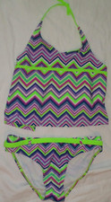 Jantzen Bikini Swimsuit 2 Pieces Zig Zag Girls Size 14 Colorful Halter Top Lined
