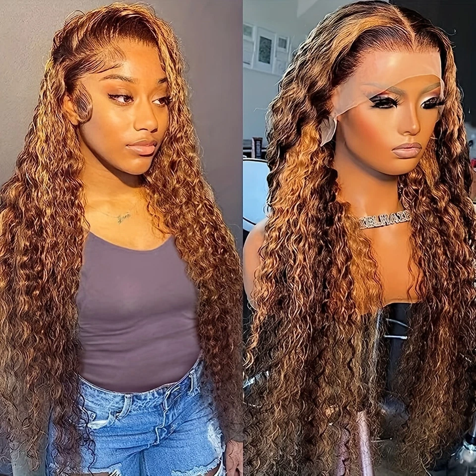 Pelucas delanteras de encaje de cabello con reflejos de ombre rubio marrón largas sueltas rizadas para mujer fiesta Foto 2 de 4